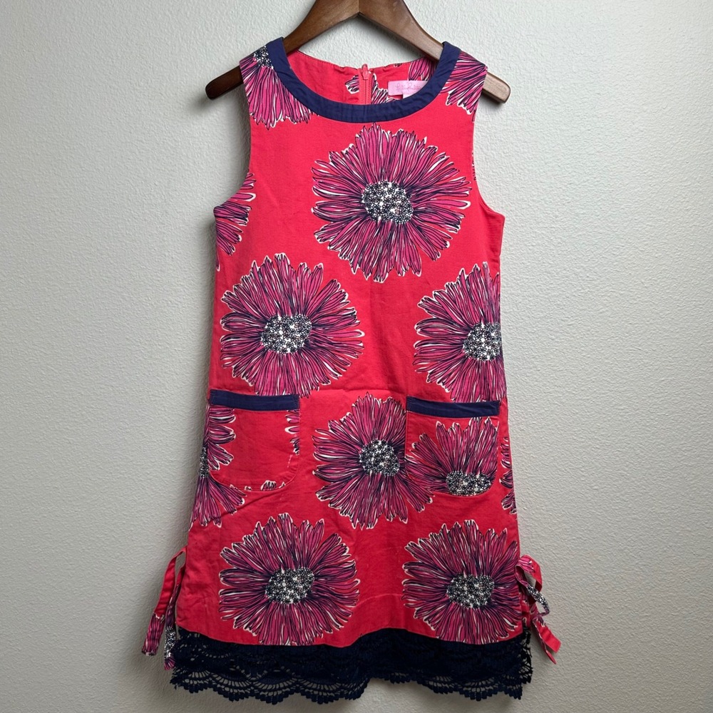 Lilly Pulitzer Girls Shift Dress 7 Regular Pink Navy Floral Lace Hem Pockets